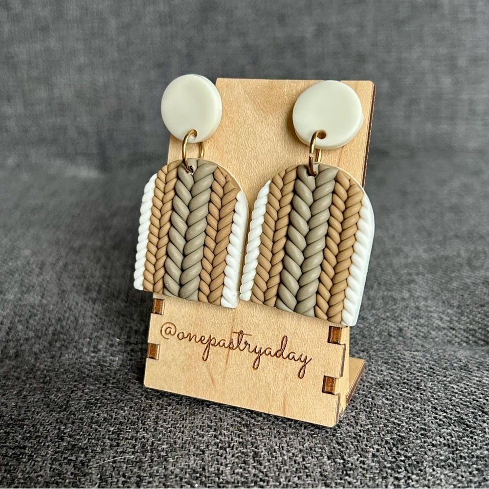 Fun, Cable Knit Sweater Pattern Clay Drop Dangle Earrings, White, Tan - Picture 13 of 16